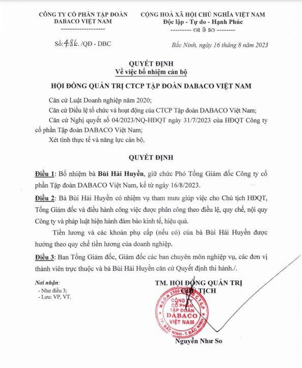 Nguyên TGĐ FLC Bùi Hải Huyền về làm Phó TGĐ Dabaco Việt Nam
