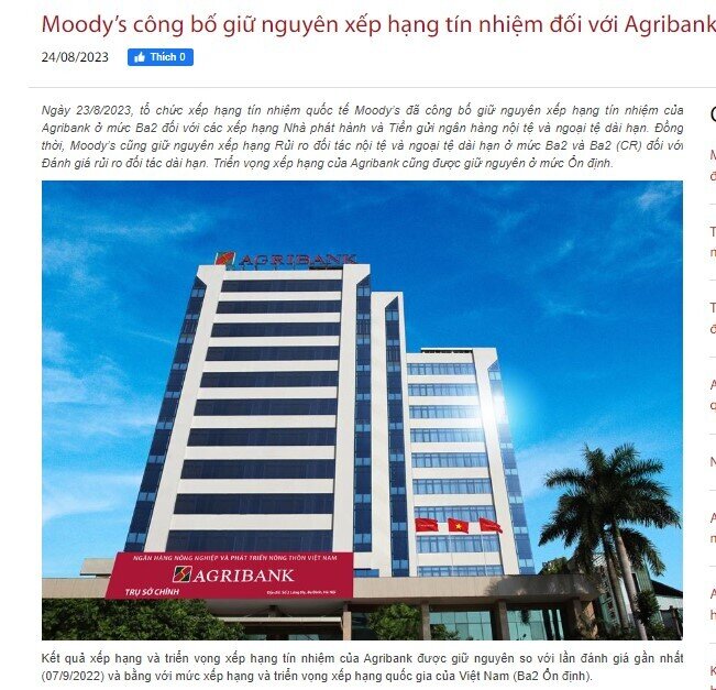 Moody’s công bố giữ nguyên xếp hạng tín nhiệm đối với Agribank