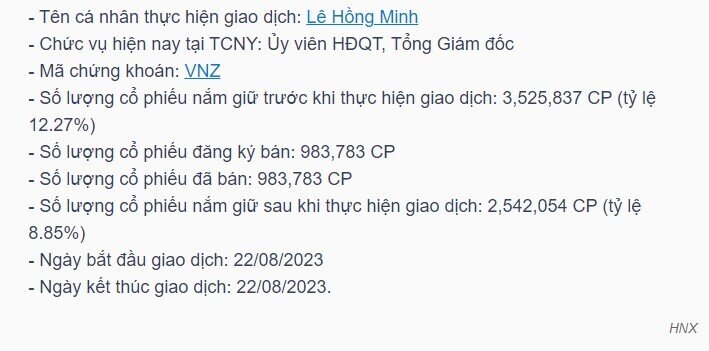 Ông Lê Hồng Minh vừa thoái gần 1 triệu cổ phiếu VNZ