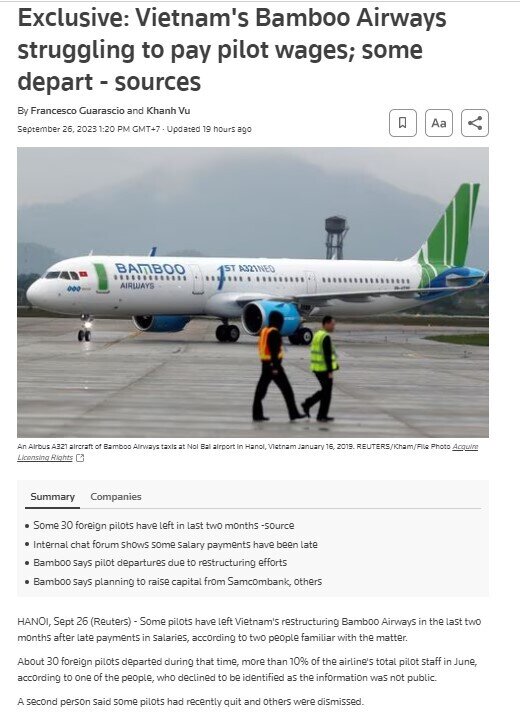 Bamboo Airways đang chật vật trả lương cho phi công?