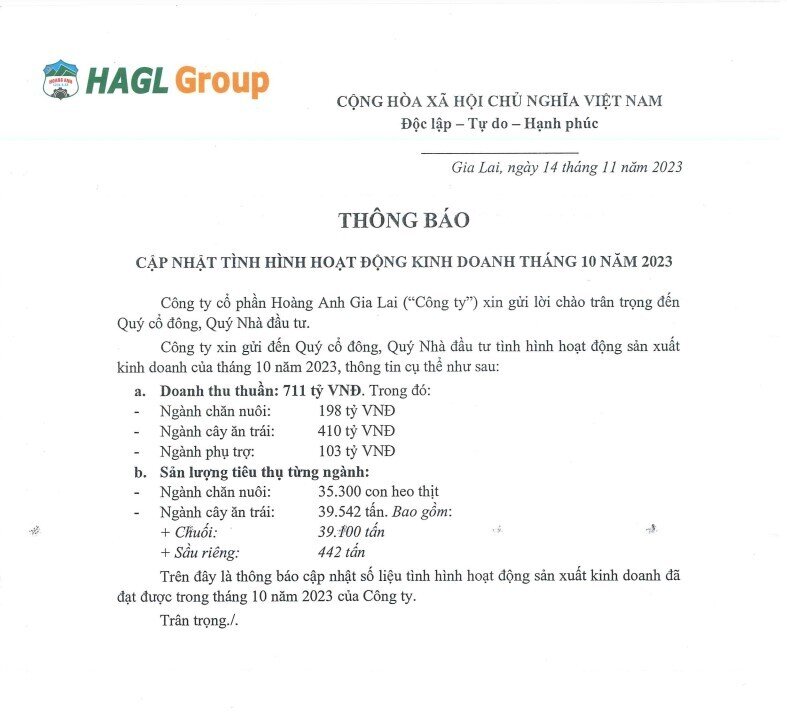 HAGL thu 711 tỷ đồng trong tháng 10