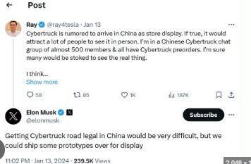 Elon Musk thừa nhận Tesla Cybertruck "không có cửa" bán tại Trung Quốc
