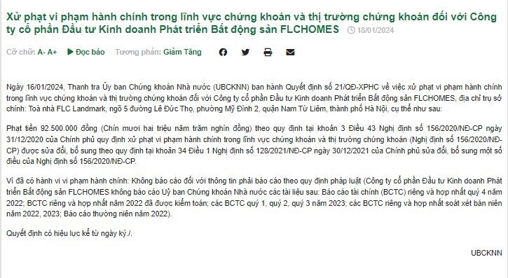 UBCKNN xử phạt FLCHomes và Xây dựng số 1 Việt Phong