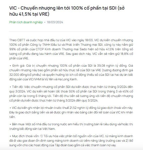 VIC sẽ bán VRE với giá 32.000 đồng/cp, dự kiến thu lãi hơn 21.000 tỷ