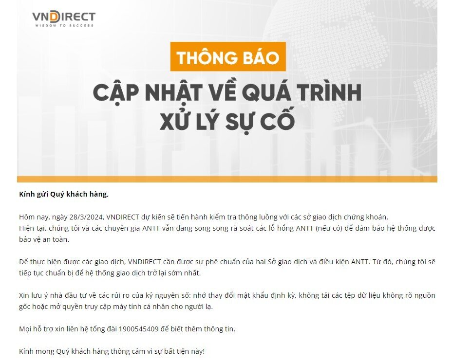 VNDirect 'cầu cứu' HSX và HNX để hệ thống giao dịch trở lại