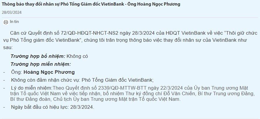 Ông Hoàng Ngọc Phương rời ghế Phó TGĐ VietinBank