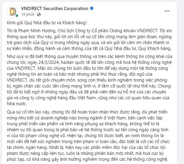 Chủ tịch Phạm Minh Hương chính thức lên tiếng sau 5 phiên VNDirect lỗi hệ thống