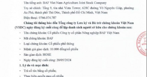 BaF Việt Nam trả cổ tức 17% bằng cổ phiếu, thực hiện quyền mua cổ phiếu với giá 10.000 đồng/CP