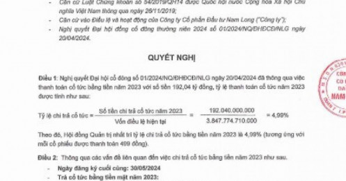 Nam Long (NLG) sắp chi 192 tỷ đồng trả cổ tức năm 2023
