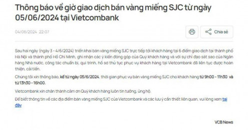 Vietcombank (VCB) điều chỉnh giờ bán vàng miếng SJC ngày 5/6