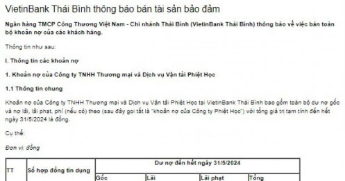 VietinBank đăng bán khoản nợ xấu của Nhà xe Phiệt Học (Thái Bình), tài sản thế chấp là 36 xe ô tô chở khách