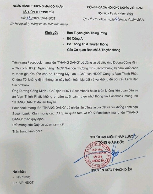 Sacombank lên tiếng: Thông tin Chủ tịch Dương Công Minh bị cấm xuất cảnh là bịa đặt