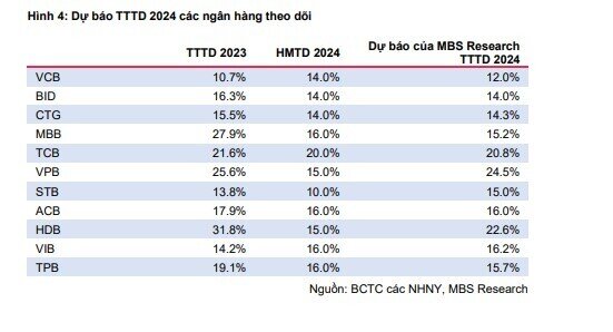 MBS dự báo tăng trưởng tín dụng 2024 của 11 NHTM, một ngân hàng 'bất ngờ' gấp đôi VCB