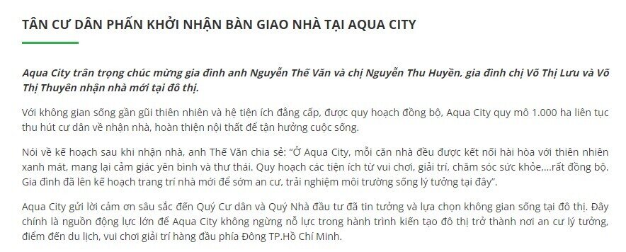 Novaland (NVL) báo tin vui tại dự án Aqua City, thêm khách hàng được bàn giao nhà mới