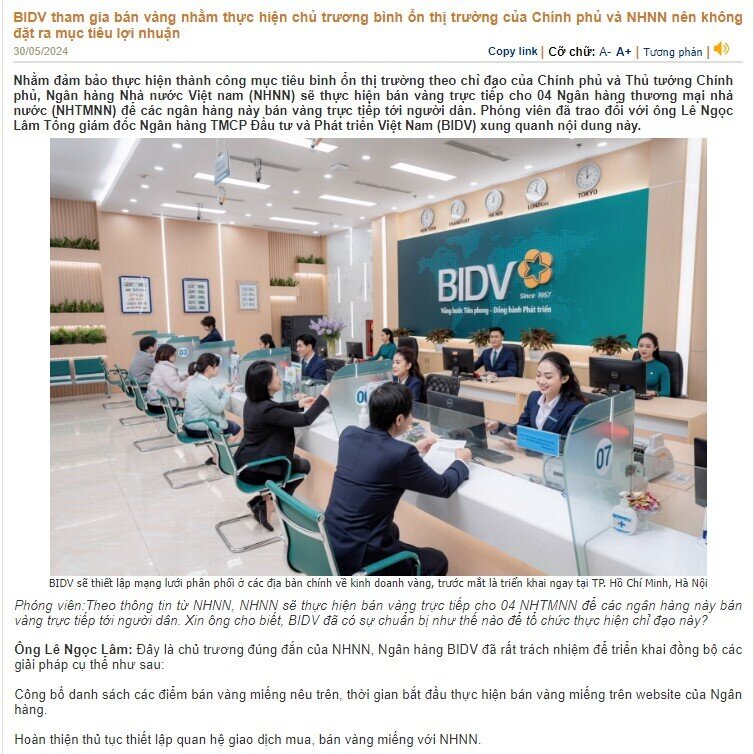 BIDV (BID) tuyên bố bán vàng không vì lợi nhuận