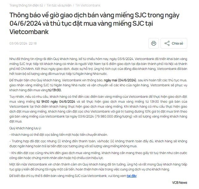 Hôm nay (4/6), Vietcombank chỉ bán vàng miếng trong buổi chiều, người mua có thể đặt cọc từ 9h sáng