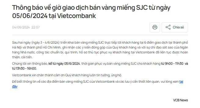 Vietcombank (VCB) điều chỉnh giờ bán vàng miếng SJC ngày 5/6