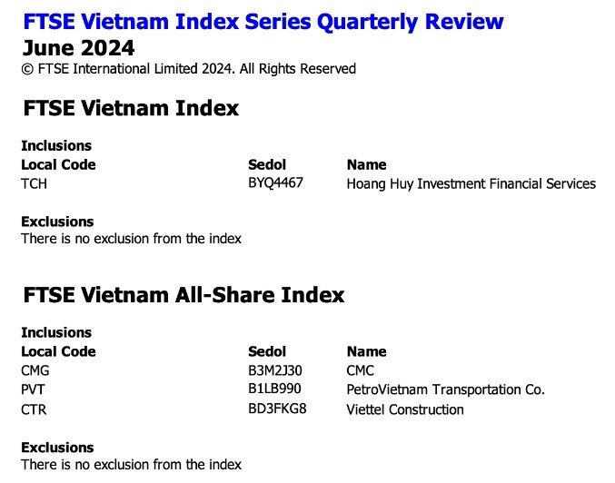 Cổ phiếu TCH chính thức lọt rổ FTSE Vietnam ETF trong kỳ cơ cấu tháng 6