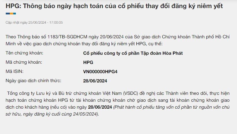 581 triệu cổ phiếu HPG sẽ về tài khoản NĐT ngày 28/6