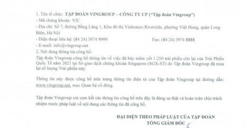 Vingroup (VIC) tất toán lô trái phiếu trị giá 500 triệu USD