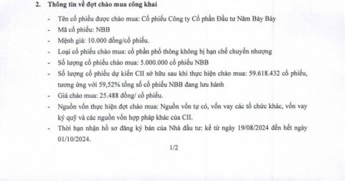 Đầu tư Hạ tầng Kỹ thuật TP.HCM (CII) bắt đầu chào mua thêm 5 triệu cổ phiếu Năm Bảy Bảy (NBB) từ ngày 19/8