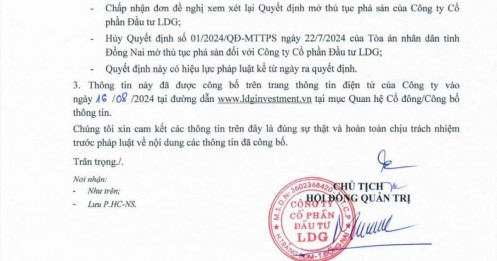 Tòa án nhân dân cấp cao TPHCM tuyên hủy quyết định mở thủ tục phá sản tại Tòa án nhân dân tỉnh Đồng Nai đối với CTCP Đầu tư LDG