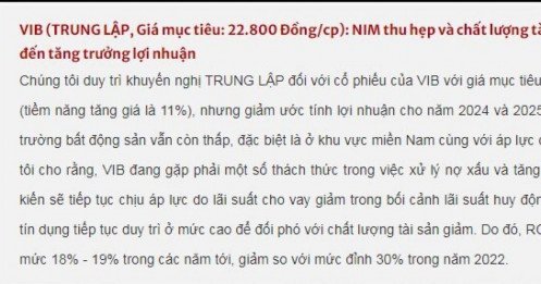 Một cổ phiếu ngân hàng được khuyến nghị trung lập, giá mục tiêu 22.800 đồng/cổ phiếu