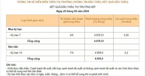 NHNN tiếp tục giảm lãi suất tín phiếu phiên 20/8