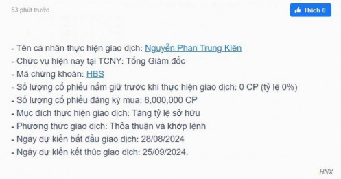 Chứng khoán HBS sắp trả cổ tức cao kỷ lục, TGĐ đăng ký mua 8 triệu cổ phiếu