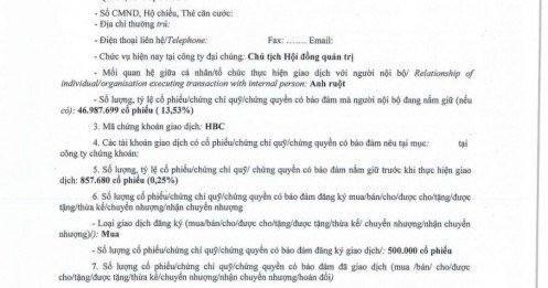 Cổ phiếu về đáy 9 năm, anh trai Chủ tịch Lê Viết Hải bắt đáy lượng lớn cổ phiếu HBC