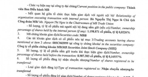 Công đoàn Ngân hàng MB chuyển 10,6 triệu cp MBB cho 140 cá nhân