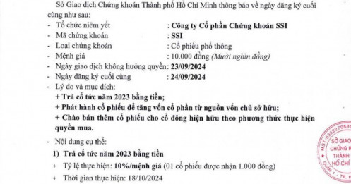 Chứng khoán SSI hậu đãi cổ đông 30% cổ tức bằng tiền và cổ phiếu