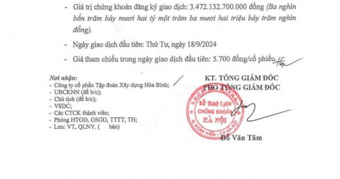 HBC chính thức giao dịch trên UpCOM từ 18/9 với giá tham chiếu 5.700 đồng/cp