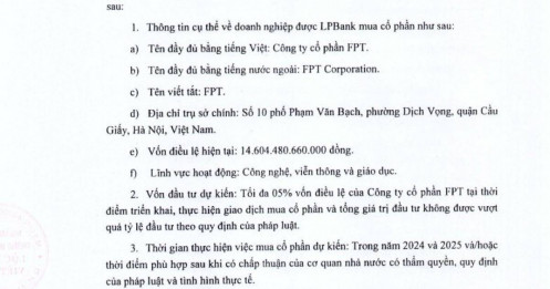 LPBank (LPB) muốn mua 5% vốn cổ phần của FPT