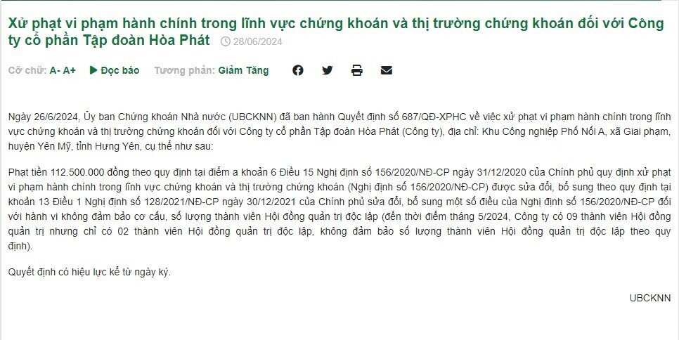 HPG nhận án phạt từ UBCKNN