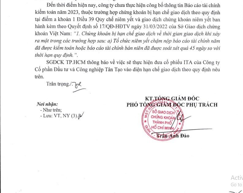 Sau phát biểu của bà Đặng Thị Hoàng Yến, cổ phiếu ITA sắp vào diện hạn chế giao dịch
