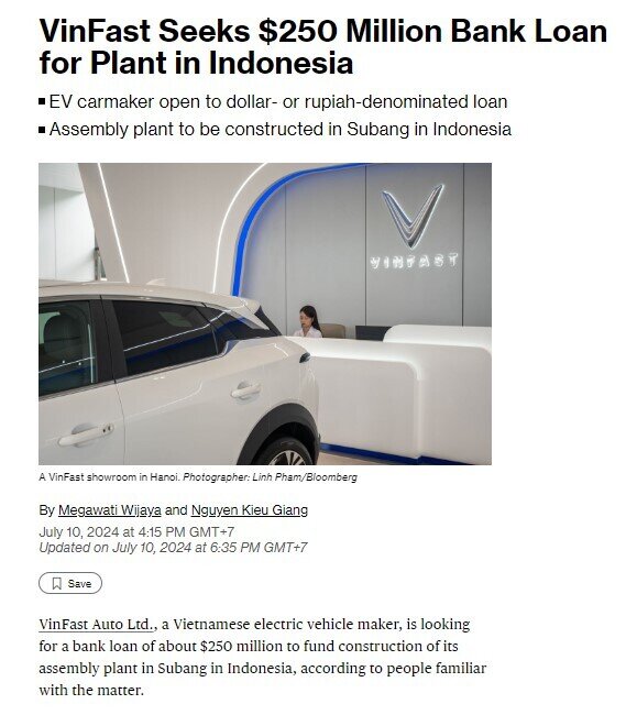VinFast muốn vay thêm 250 triệu USD để xây nhà máy tại Indonesia