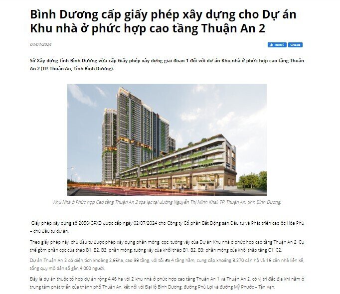 Dự án Thuận An 2 của Phát Đạt (PDR) được tỉnh Bình Dương cấp phép xây dựng