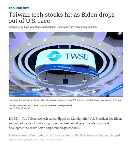 Cổ phiếu TSMC và các hãng công nghệ hàng đầu Đài Loan giảm mạnh sau khi ông Biden ngừng tranh cử