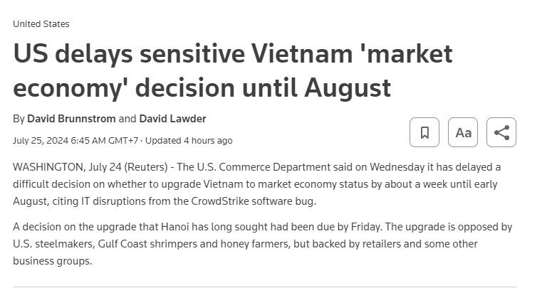 Mỹ hoãn ra quyết định công nhận Việt Nam là nền kinh tế thị trường