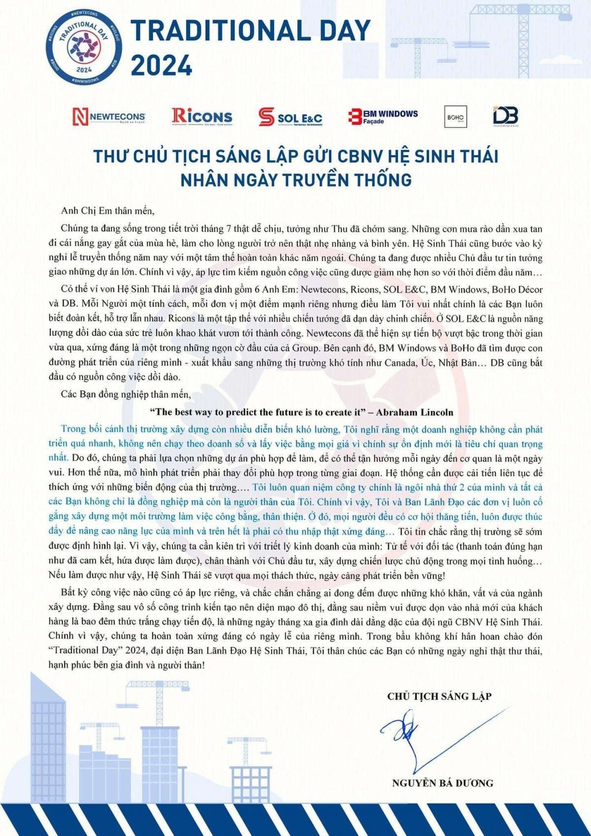 Ông Nguyễn Bá Dương viết thư gửi cán bộ nhân viên: Chân thành với chủ đầu tư, Tử tế với đối tác, nhân viên phải có thu nhập xứng đáng