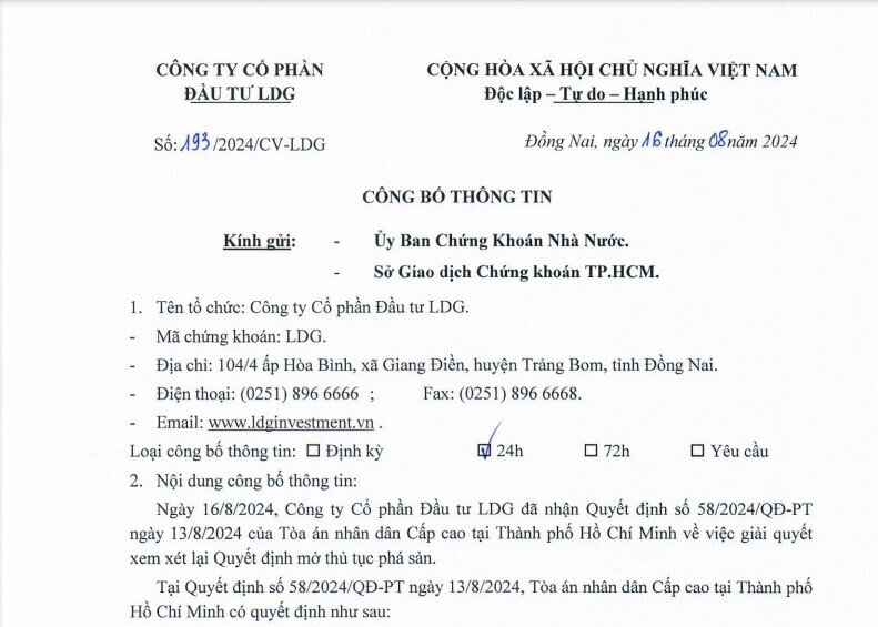 Tòa án nhân dân cấp cao TPHCM tuyên hủy quyết định mở thủ tục phá sản tại Tòa án nhân dân tỉnh Đồng Nai đối với CTCP Đầu tư LDG