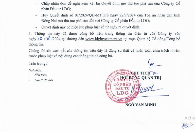 Tòa án nhân dân cấp cao TPHCM tuyên hủy quyết định mở thủ tục phá sản tại Tòa án nhân dân tỉnh Đồng Nai đối với CTCP Đầu tư LDG