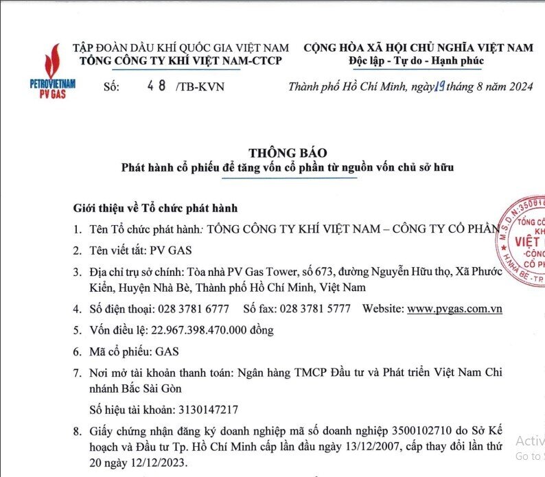 PV GAS (GAS) chốt danh sách phát hành hơn 45,9 triệu cổ phiếu thưởng, tỷ lệ 50:1