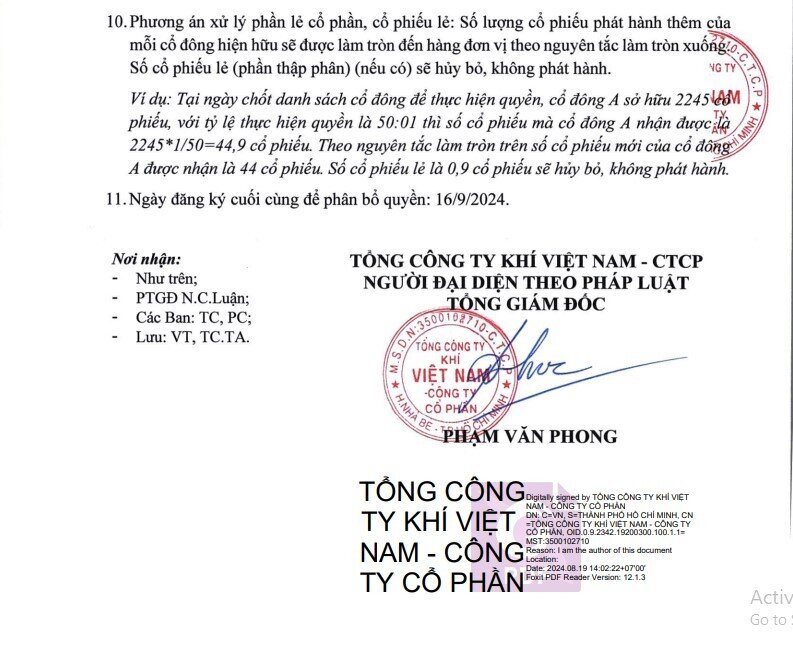 PV GAS (GAS) chốt danh sách phát hành hơn 45,9 triệu cổ phiếu thưởng, tỷ lệ 50:1