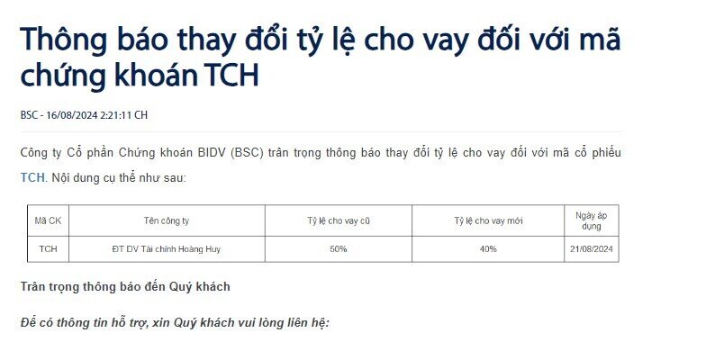 Cổ phiếu TCH bị siết margin sau nhịp giảm hơn 24%