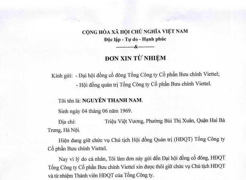 Chủ tịch HĐQT Viettel Post (VTP) xin từ nhiệm