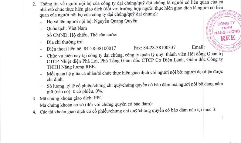 Năng lượng REE muốn bán tiếp 2 triệu cổ phiếu PPC