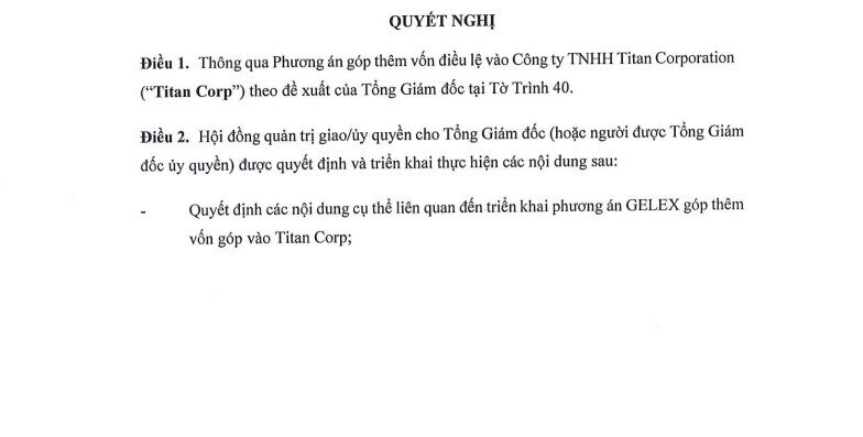 Tập đoàn Gelex (GEX) góp thêm vốn điều lệ vào Titan Corporation