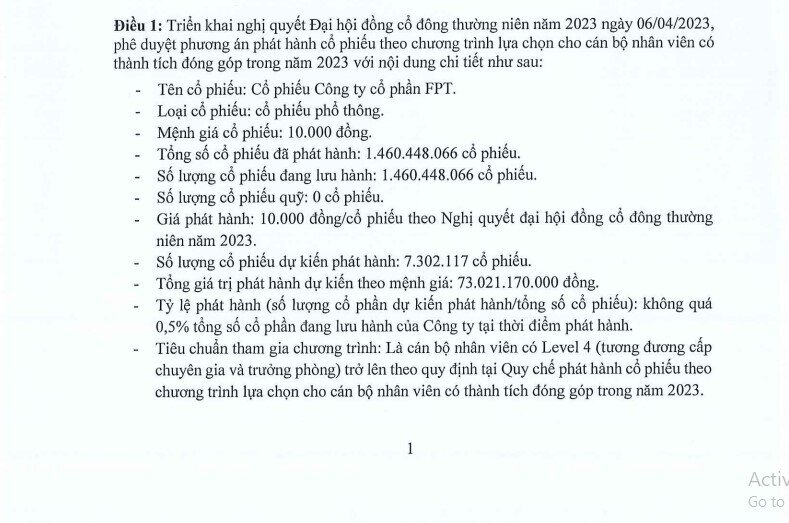 Tập đoàn FPT phát hành 10,6 triệu cổ phiếu giá 10.000 đồng/cp